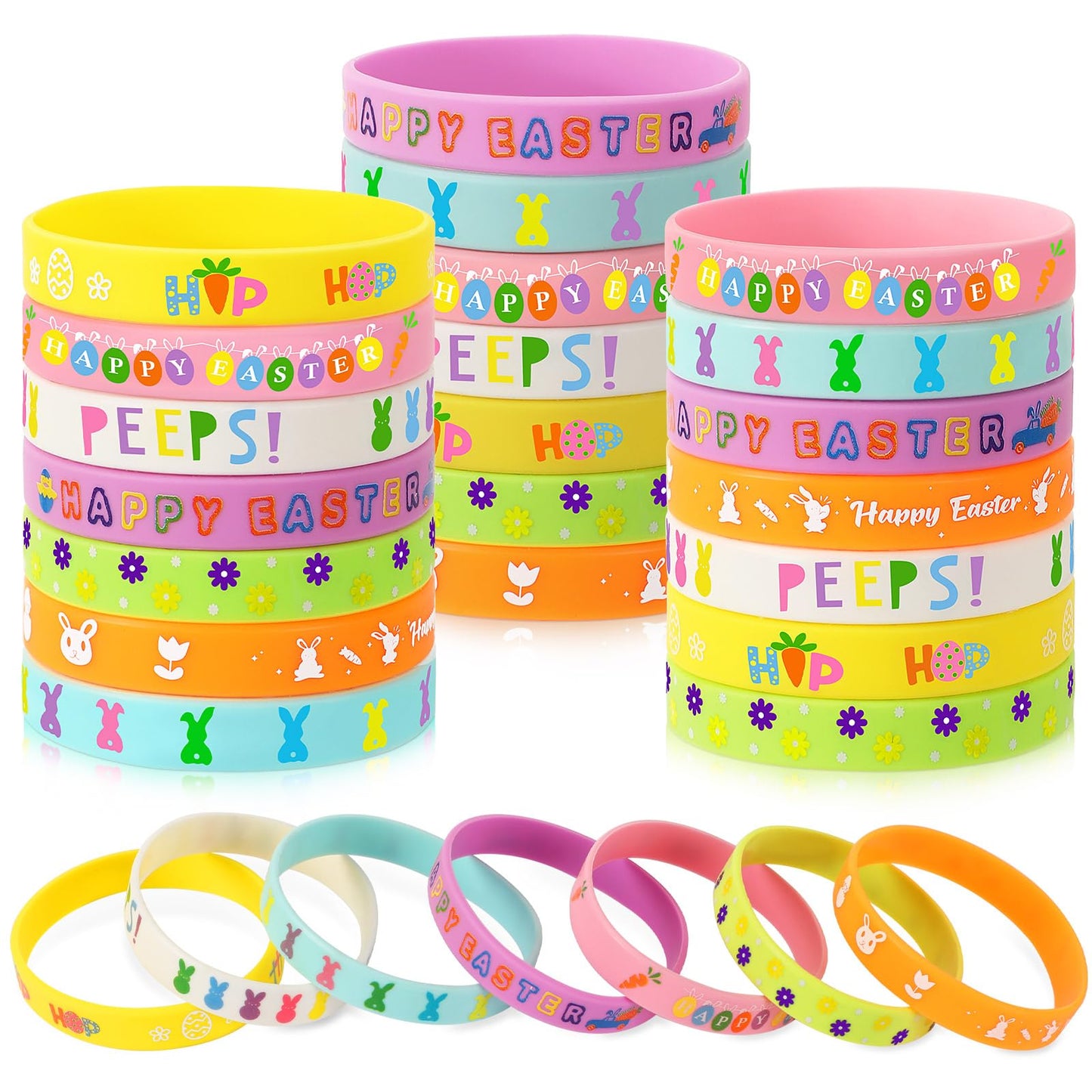 Junebrushs 42Pcs Easter Party Favors Silicone Bracelets Bunny Egg Carrot Chicks Flowers Rubber Wristbands Accessories For Easter Egg Fillers Gifts Basket Stuffers Accessories Party Decorations