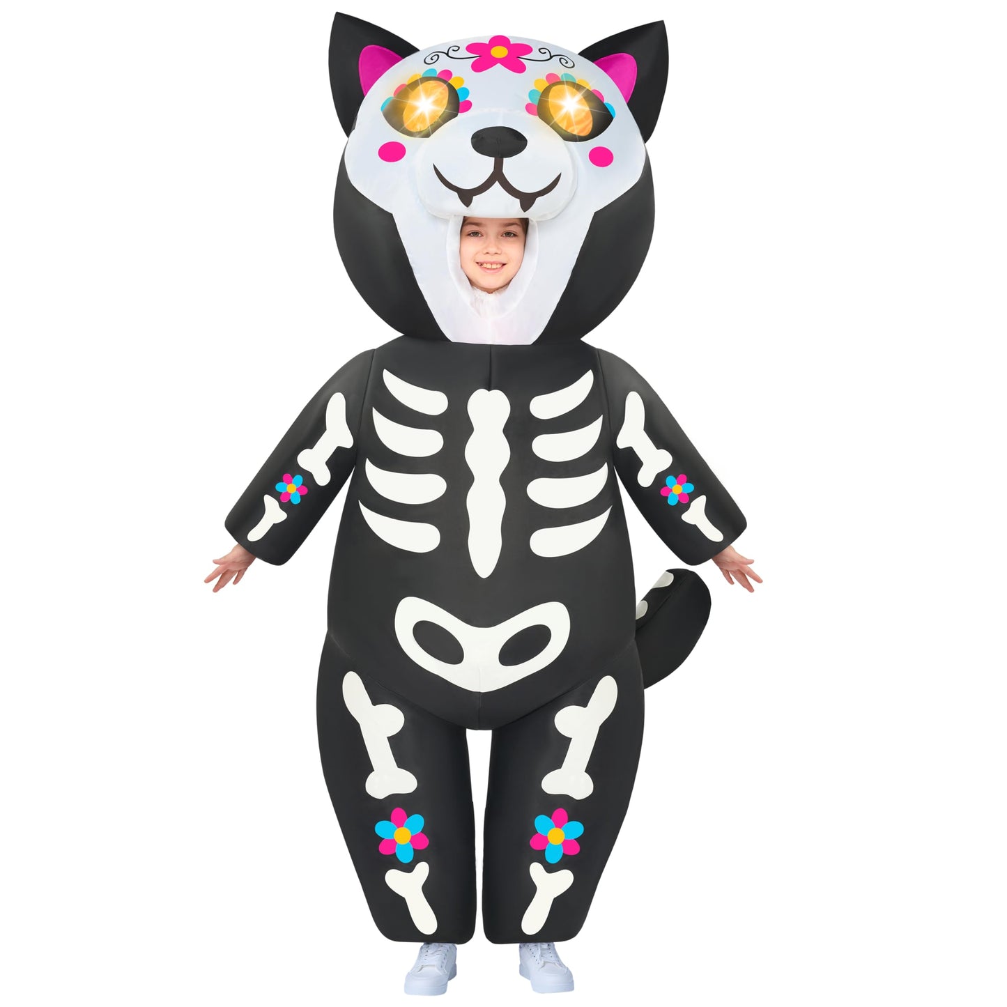 Spooktacular Creations Kids Inflatable Costumes With Led Eyes, Halloween Skeleton Cat Blow Up Costumes For Girls, Full Body Kitty Inflatable Suit For Halloween Cosplay Parties