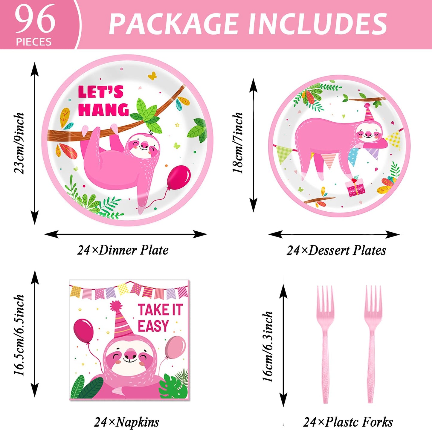 96 Pcs Sloth Animal Party Supplies Sloth Birthday Party Tableware Set For Kids Sloth Themed Paper Plate Sloth Hanging Decoration