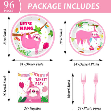 96 Pcs Sloth Animal Party Supplies Sloth Birthday Party Tableware Set For Kids Sloth Themed Paper Plate Sloth Hanging Decoration