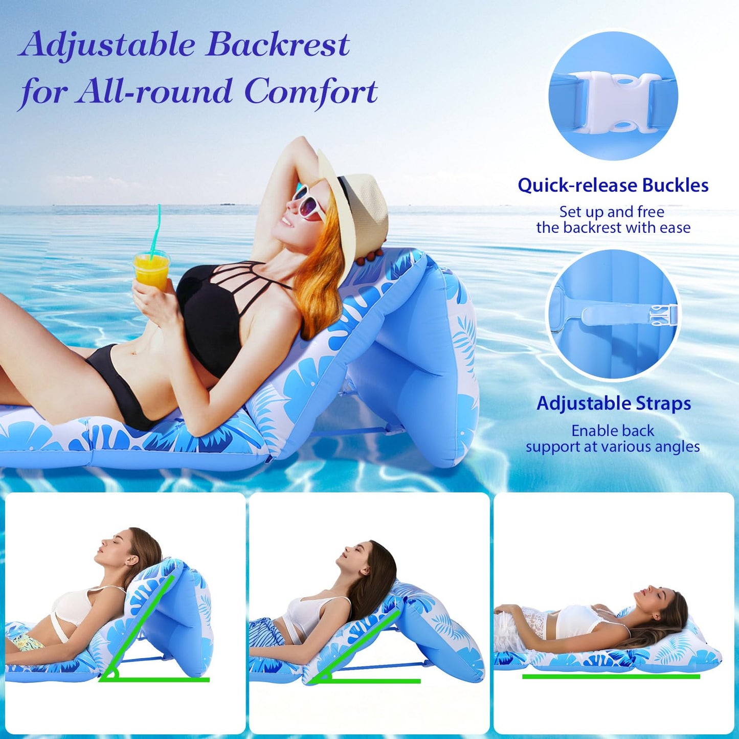 MoKo Inflatable Pool Floats mature-themed - Pool Floaties Lounger Floats Floating Chair Raft with Adjustable Backrest Cup Holders Water Floaty Lake Lounge Sun Tanning Float Beach Party  Blue Leaf