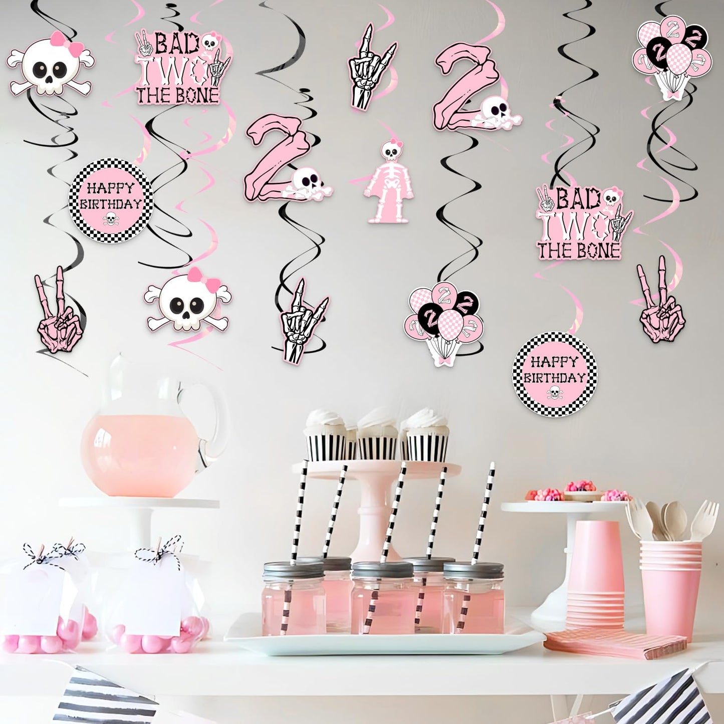 Jollyboom Bad Two The Bone Party Decorations Girl, 24pcs Skeleton 2nd Birthday Decorations Hanging Swirl Bad 2 The Bone Hanging