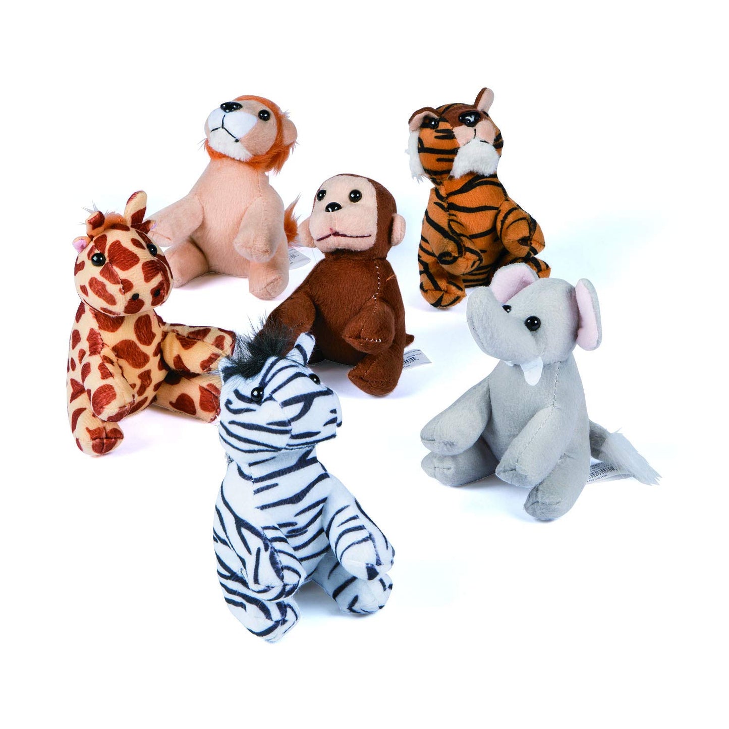 Fun Express Jungle Safari Stuffed Animals Plush Toys - Includes Monkey Tiger Elephant Giraffe Zebra & Lion -Zoo Birthday Party F