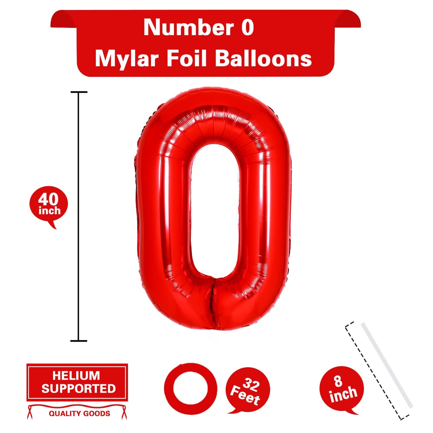40 Inch Giant Red Number 0 Balloon, Helium Mylar Foil Number Balloons For Birthday Party, Birthday Decorations For Kids, Anniver