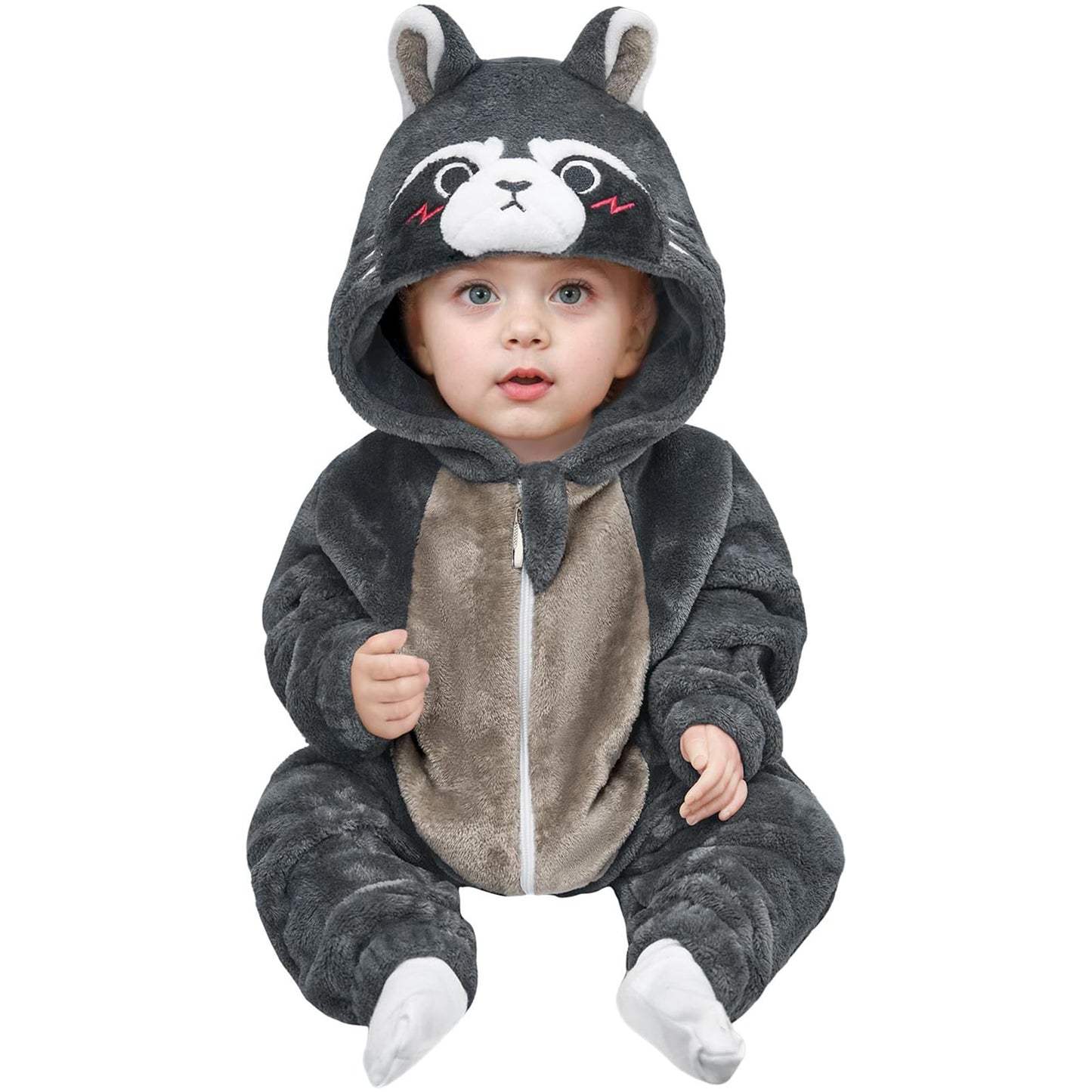 Olaola Baby Animal Costume Onesie, Unisex Toddler Raccoon Romper, Plush Cosplay Dress Up Infant Outfits Halloween Costume