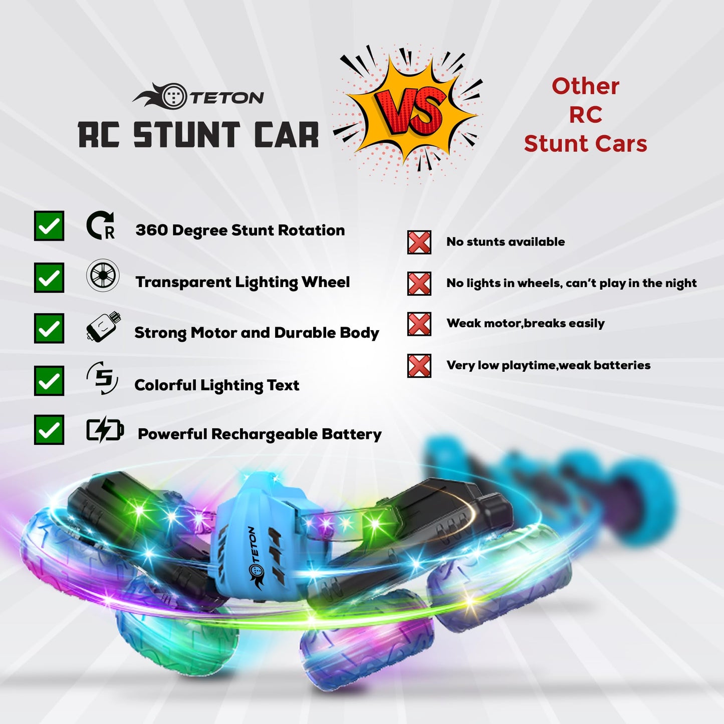RC Stunt Car Double Sided roll,360Rotating Teton Remote Control Car-LED Headlights and Colourful Light Wheels,All Terrain,Rechar