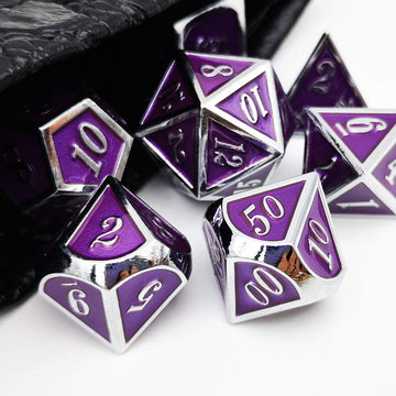 Haxtec Metal DND Dice Purple Silver with PU Leather Dice Bag D&D Dice Set for RPG Dungeons and Dragons Gifts TTRPGs-Silver Royal