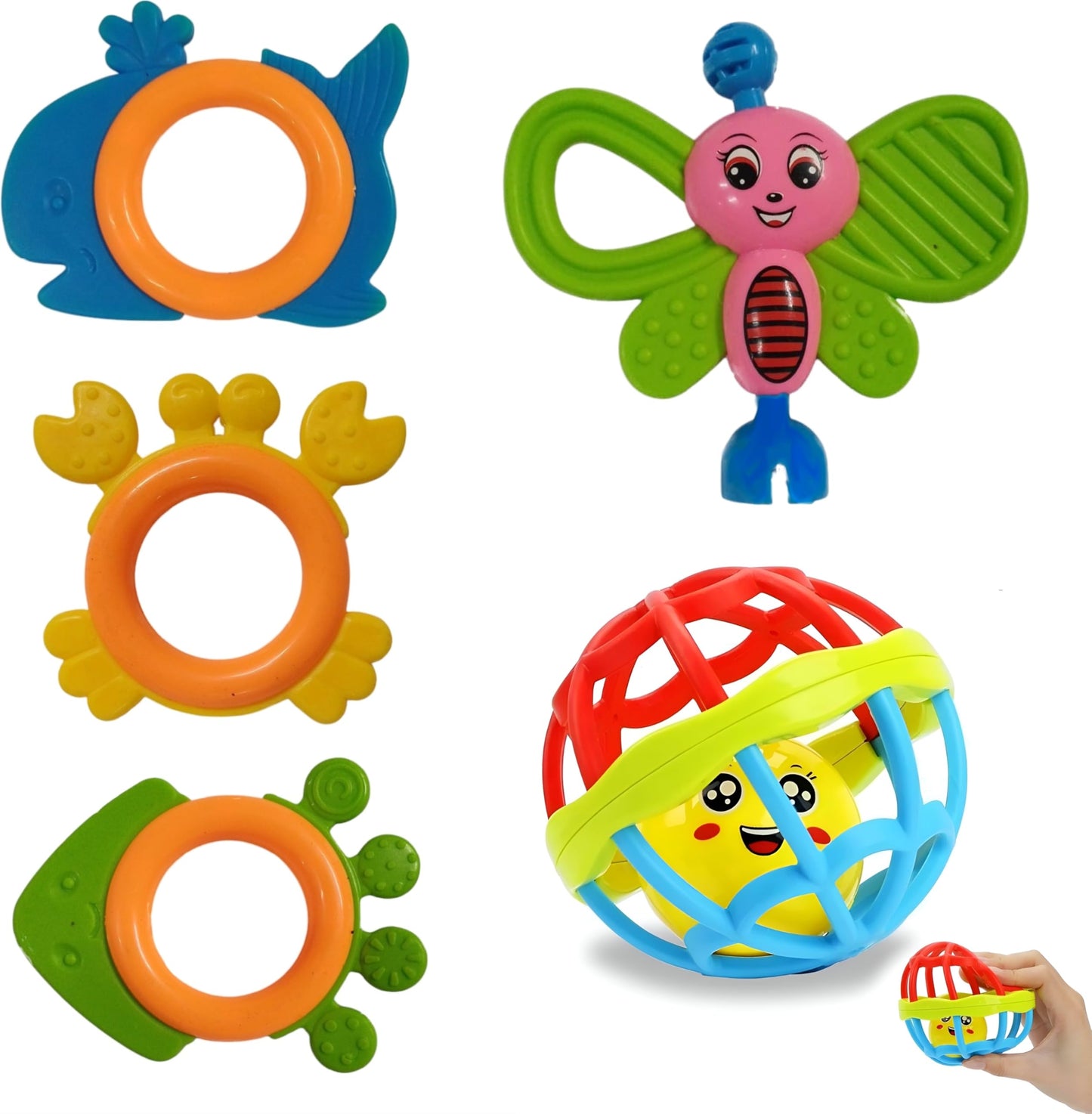 Pack Of Shake & Grab Rattles And Chu Chu Animal Shape Bath Toys Non Toxic Bpa Free Set For Babies & Infants_Set Of 5
