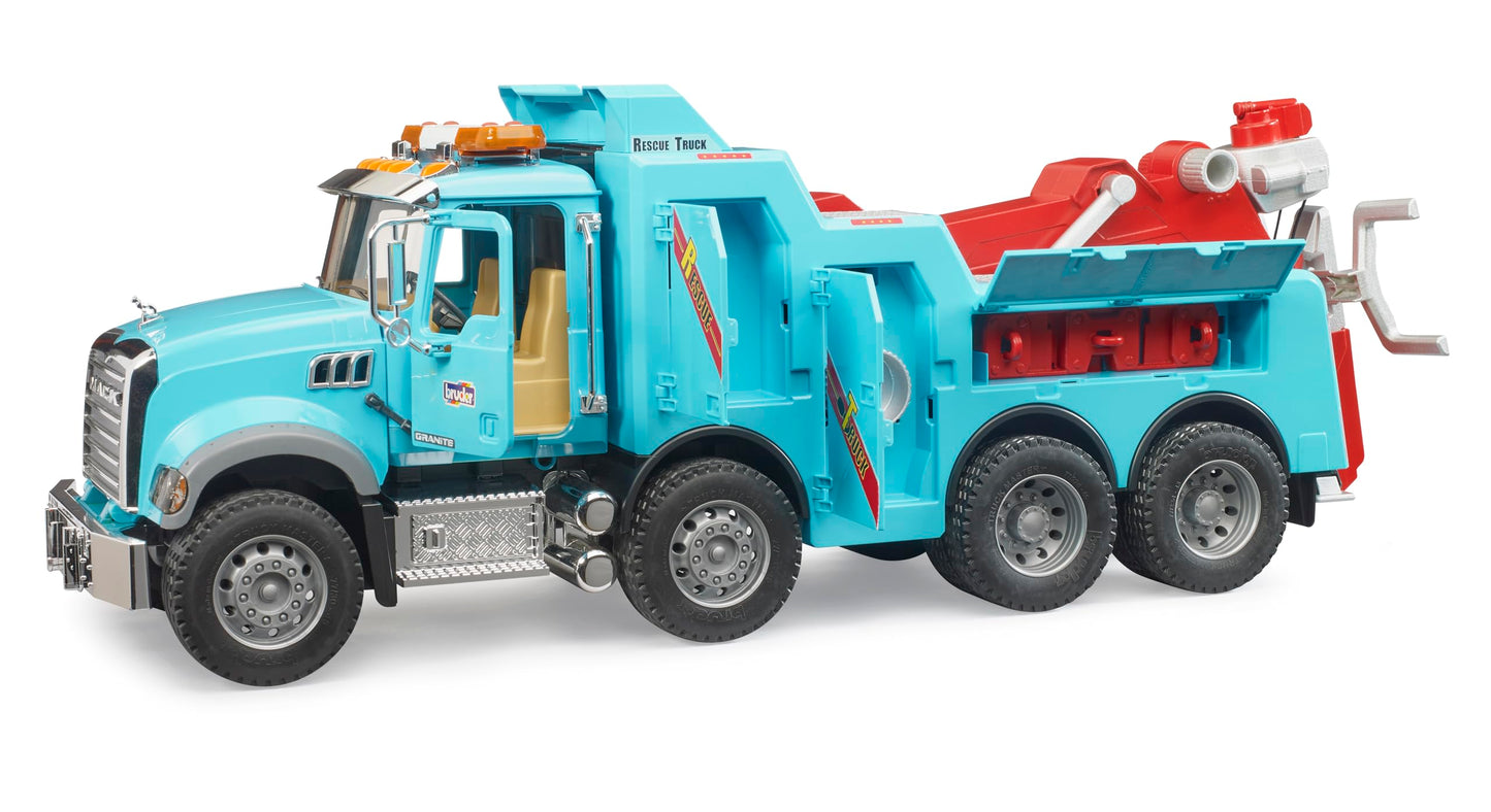 Bruder Mack Granite Heavy Rescue Wrecker Tow Truck with Light & Sound, 26.5" Blue, Plastic, Model 02831