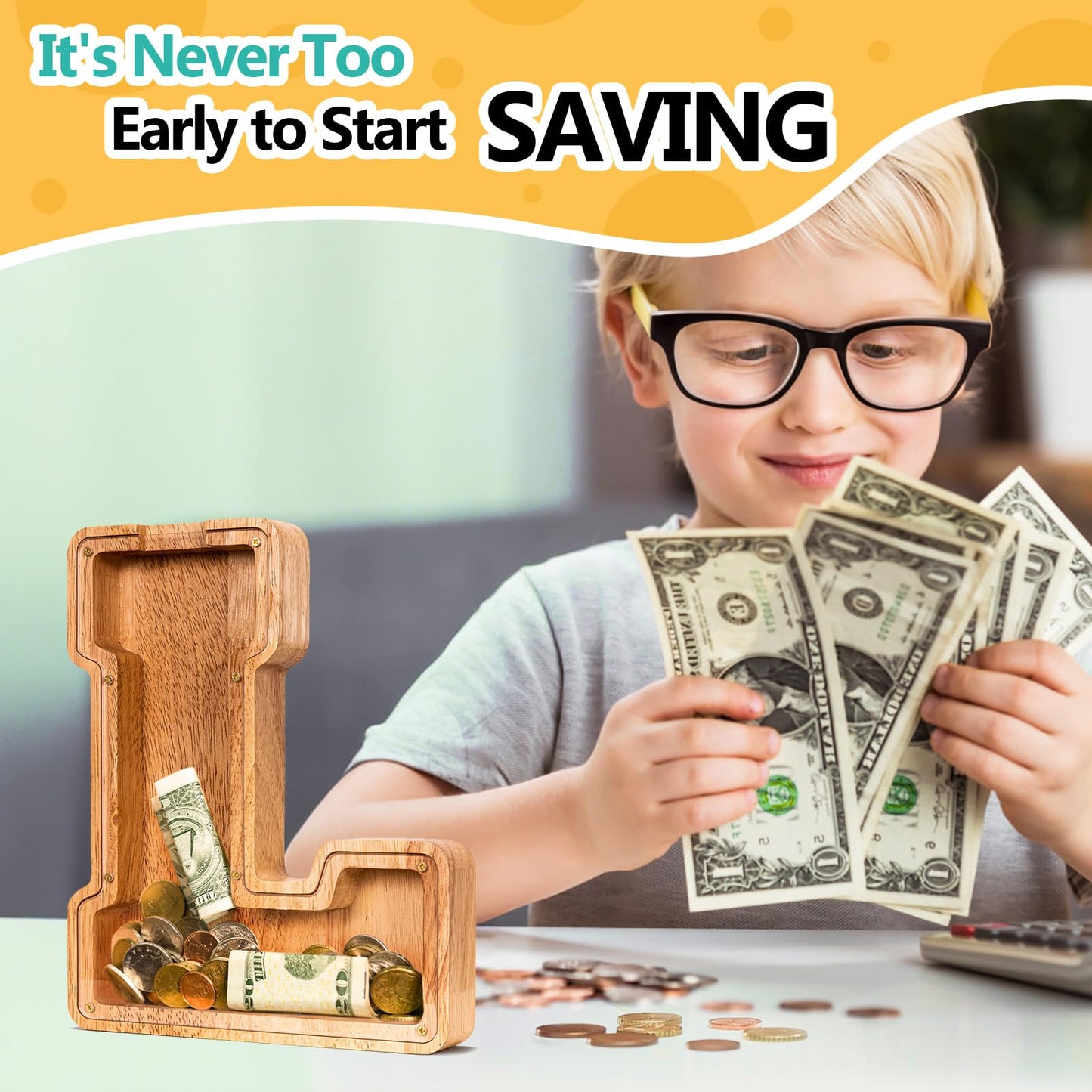 SummiDate Wooden Letter Piggy Bank| Piggy Bank for Boys Girls Toddler| Alphabet L Money Bank| Coin Bank Birthday Gift for Kids|Birthday Easter Gifts for Kids (L)