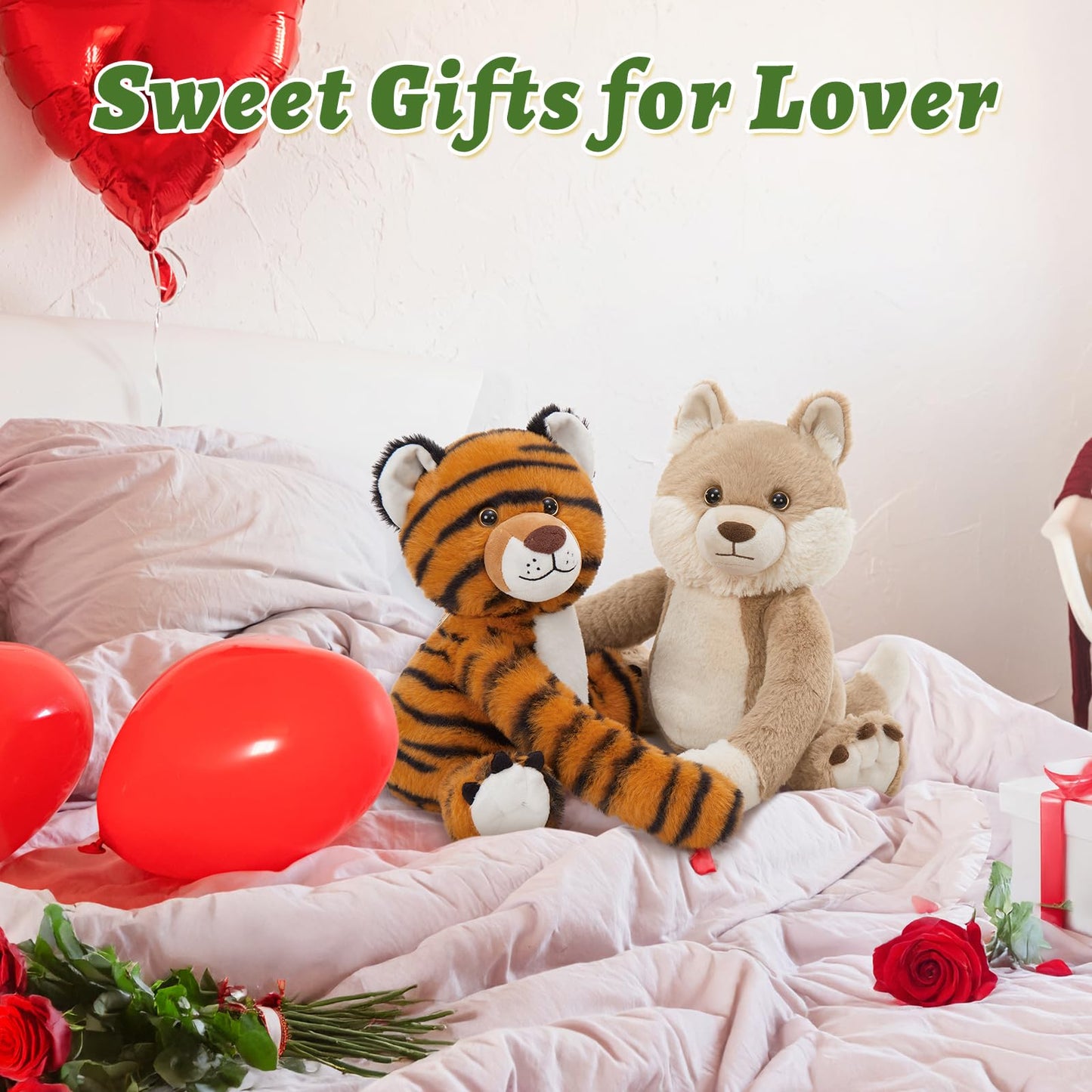 MorisMos Plush Wolf and Tiger Stuffed Animals Duo for Kid Couple Twin Freezable & Microwavable Stuffed Animal for Comfort Heating Pad Plush Tiger & Wolf Toy Gift/Decor