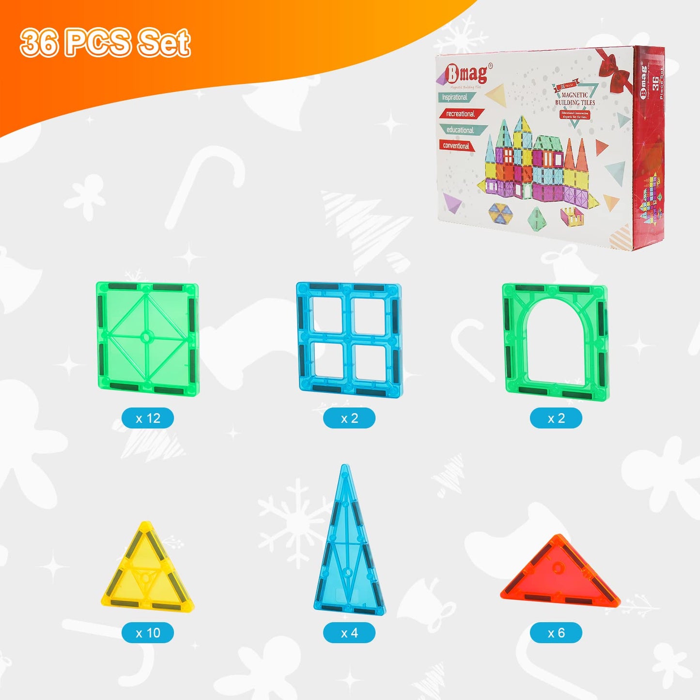 Bmag Magnetic Building Blocks Set, 36pcs 3D Plastic Tiles, Multicolored STEM Toys for Kids 3+ - Model BG23-36