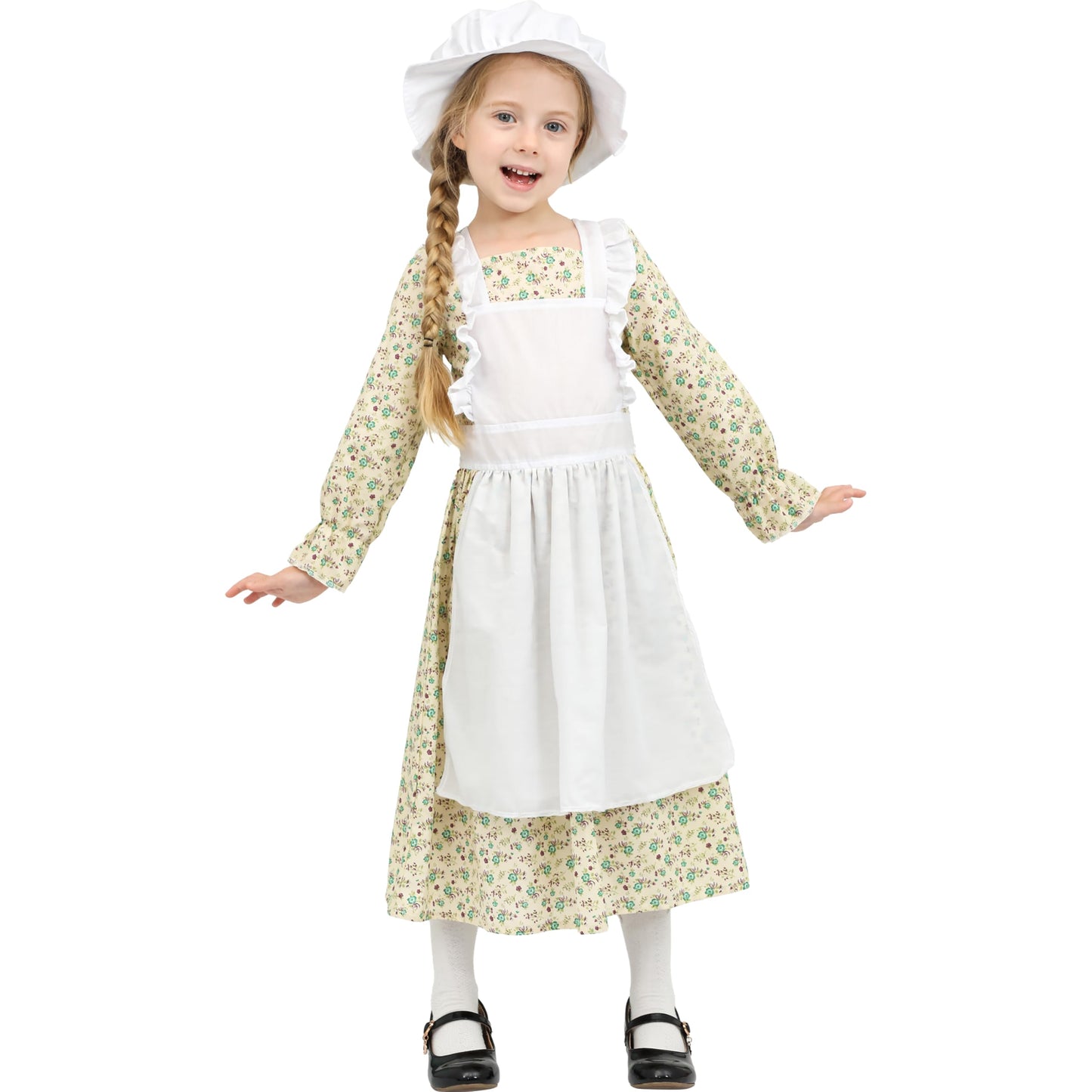 Lingway Toys Girls Pioneer Costume,Floral Colonial Prairie Dress For Girls With Apron And Bonnet 6-8