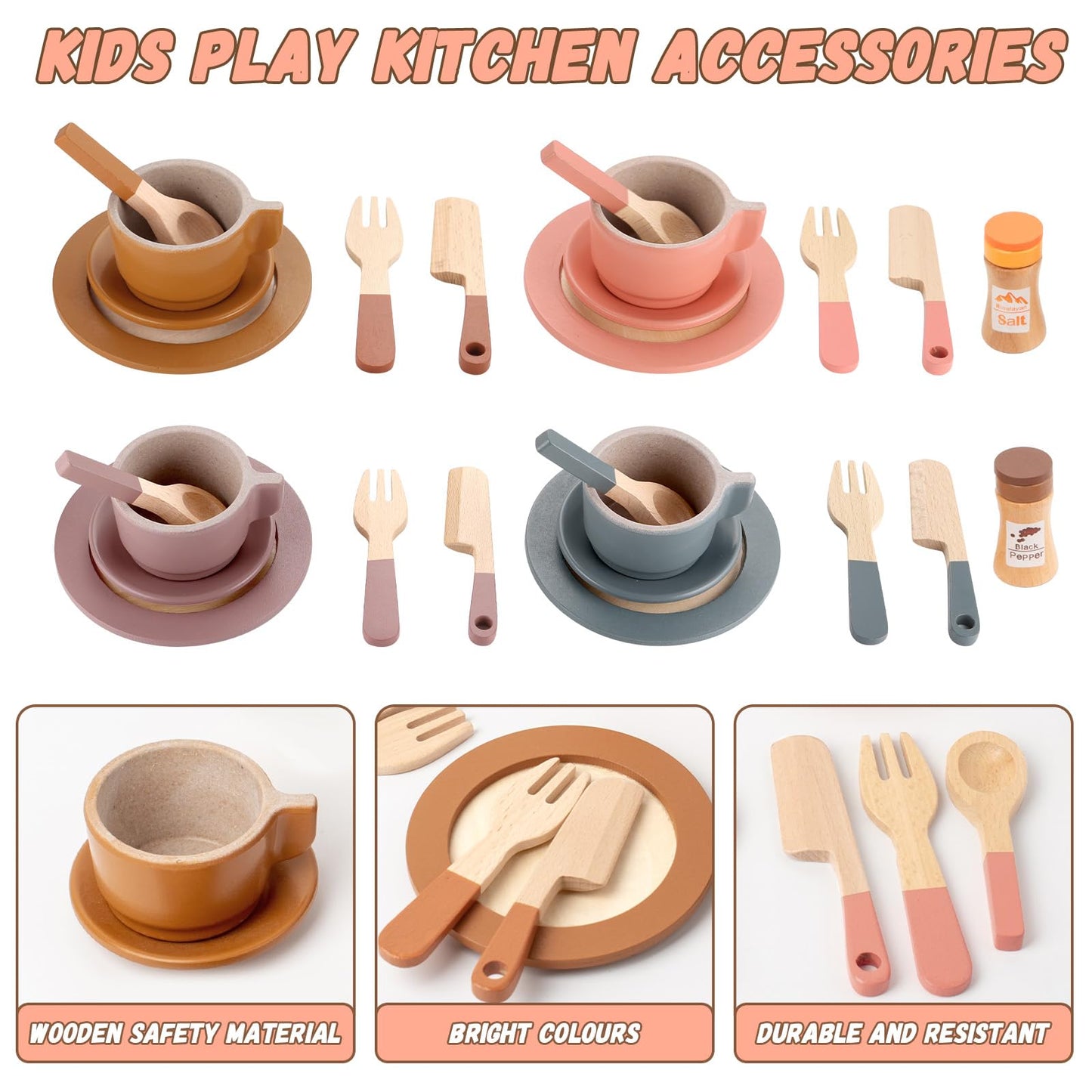 GAGAKU Wooden Dishes Kids Wooden Dishes for Play Kitchen Kids Play Dish Set Wood Plates Set for Toddler Montessori Wooden Kitche
