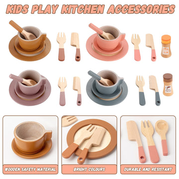 GAGAKU Wooden Dishes Kids Wooden Dishes for Play Kitchen Kids Play Dish Set Wood Plates Set for Toddler Montessori Wooden Kitche