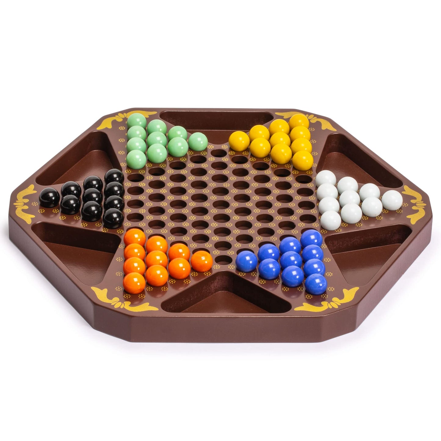Yellow Mountain Imports Classic Chinese Checkers Halma Board Game Set With Storage, 12.6-Inch Wooden Board, And Solid Color 16-Millimeter Glass Marbles