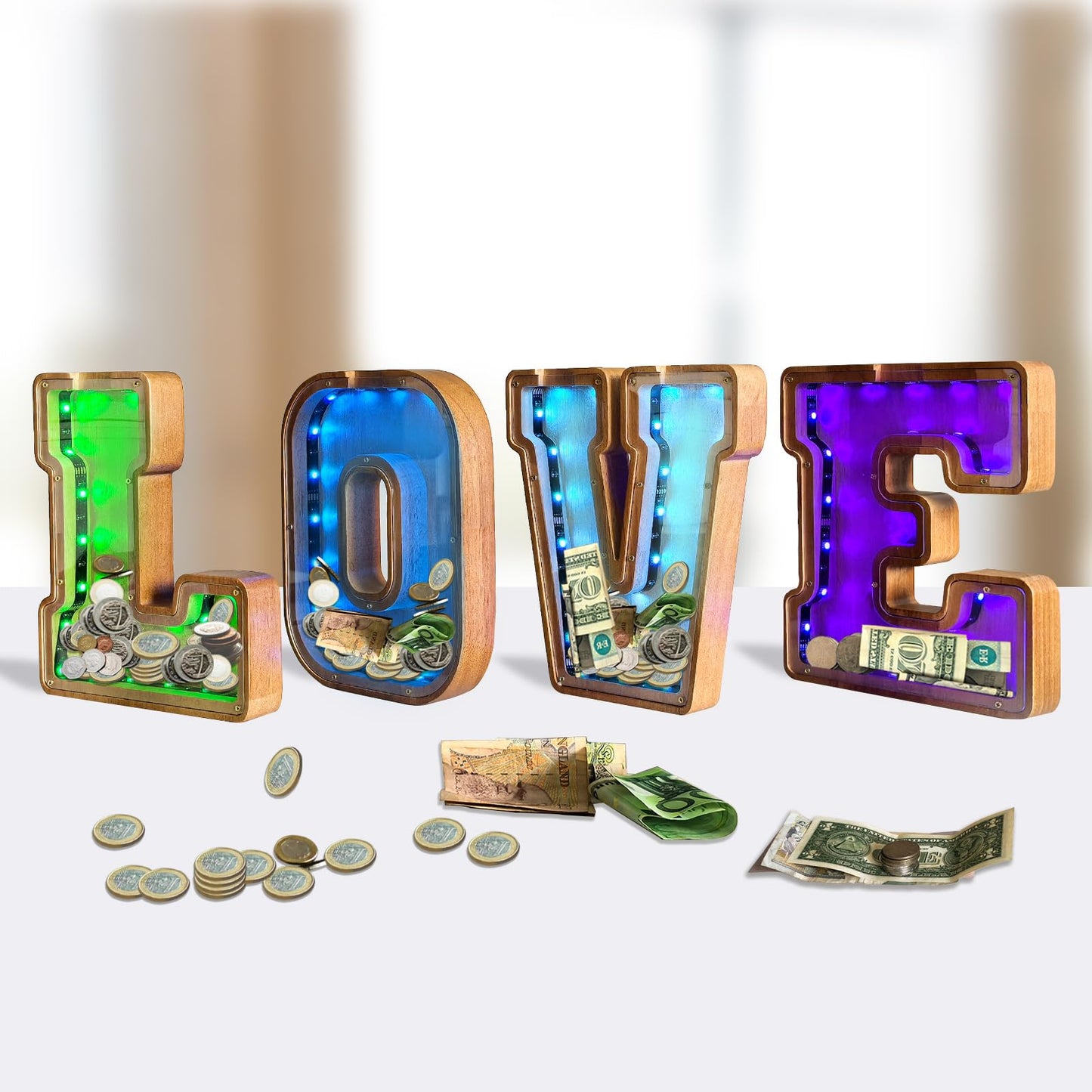 Wooden Letter Piggy Bank for Kids,9inch Kids Money Bank with LED Lights, Alphabet Coin Jar(A-Z), Birthday Gift for Kids, Toys fo
