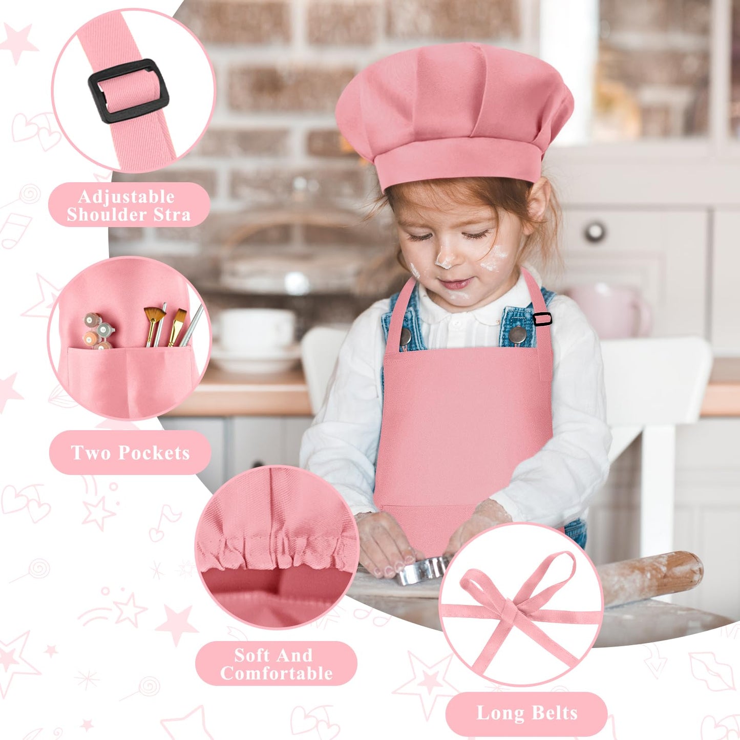 BOUBONI Kids Apron and Chef Hat Set Adjustable Child Art Aprons with 2 Pockets Toddler Chef Hat and Apron for Cooking Baking Pai