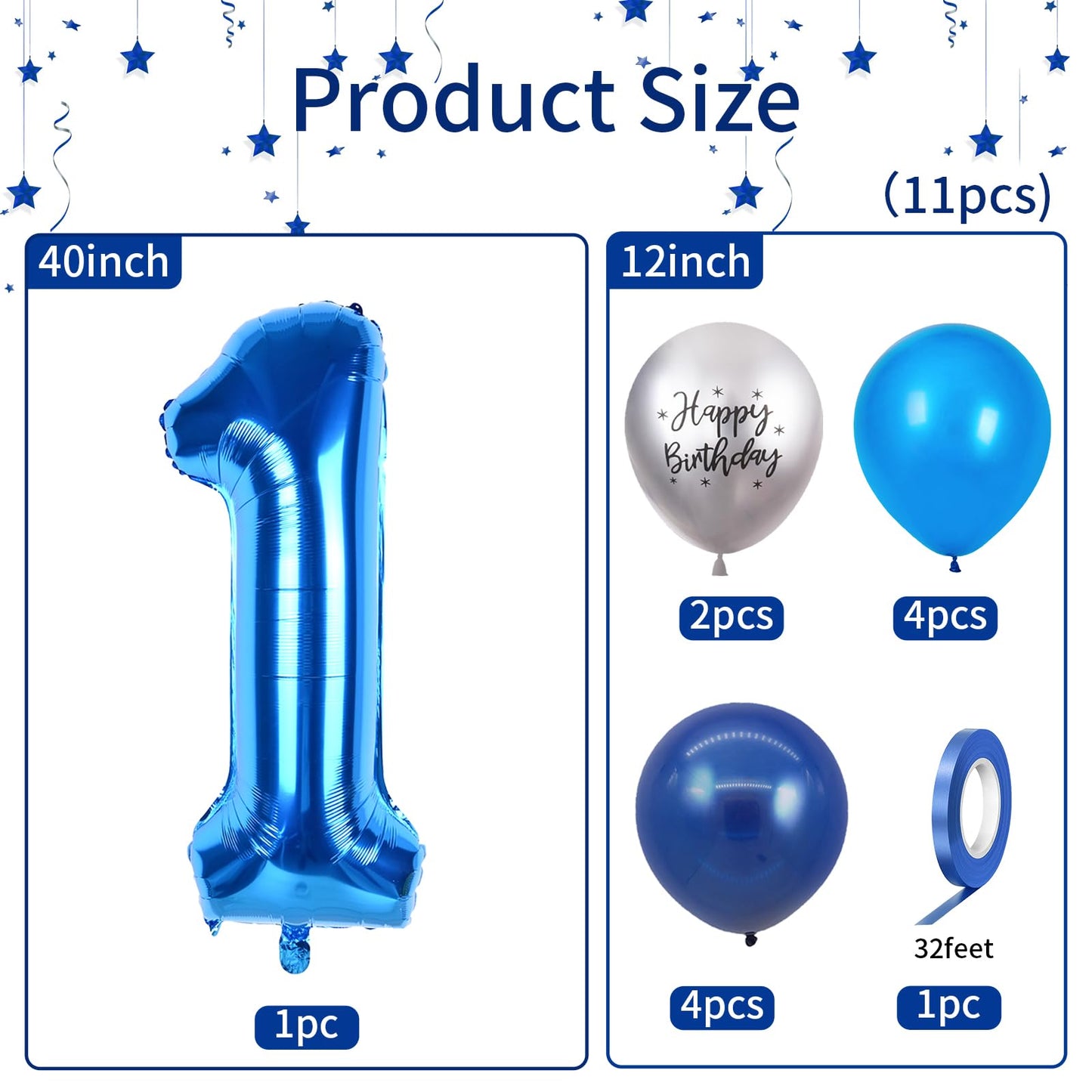 40 Inch Blue Number 1 Balloon, 1St Birthday Balloons, 11Pcs Silver Birthday Print Balloons Dark Light Blue Latex Balloons 1 Foil