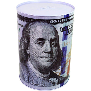 $100 Dollar Bill Piggy Bank 5 7/8'' Tall Coin Saving Money Currency Benjamin Franklin Tin Can Banknote Jar (1 Pack, 8 1/2'' X 6'
