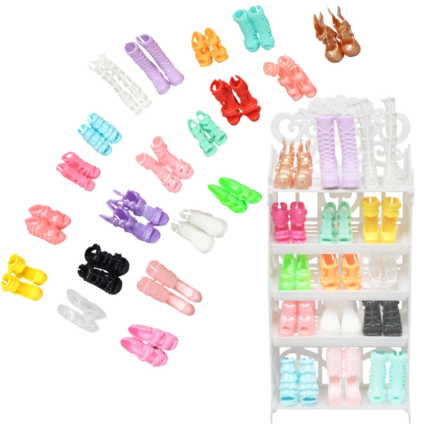 Bjdbus 1 Doll Shoes Rack Shelf + 20 Pairs Shoes Set Accessories High Heel Boots Sandals Assorted Furniture For 11.5 Inch Girl Doll