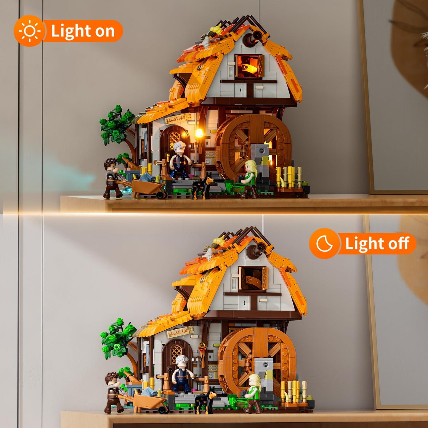 Funwhole Medieval Water-Mill Lighting Building-Bricks Set - Middle Age Milling House Collection Led Light Building Construction