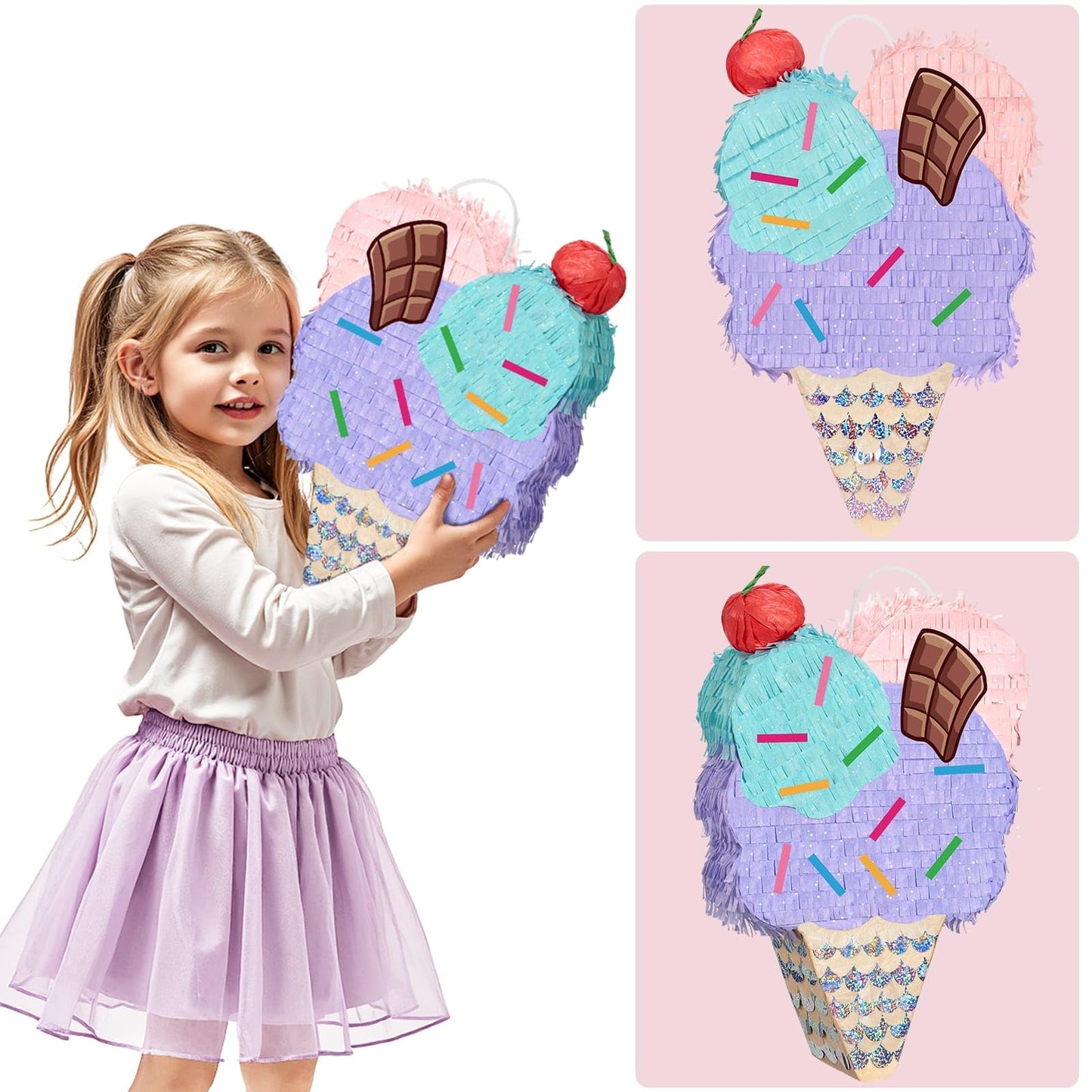 WERNNSAI Ice Cream Piata - Summer Ice Cream Party Decorations for Kids Girls Birthday Pink Pinata Game Candyland Sweet Theme Par