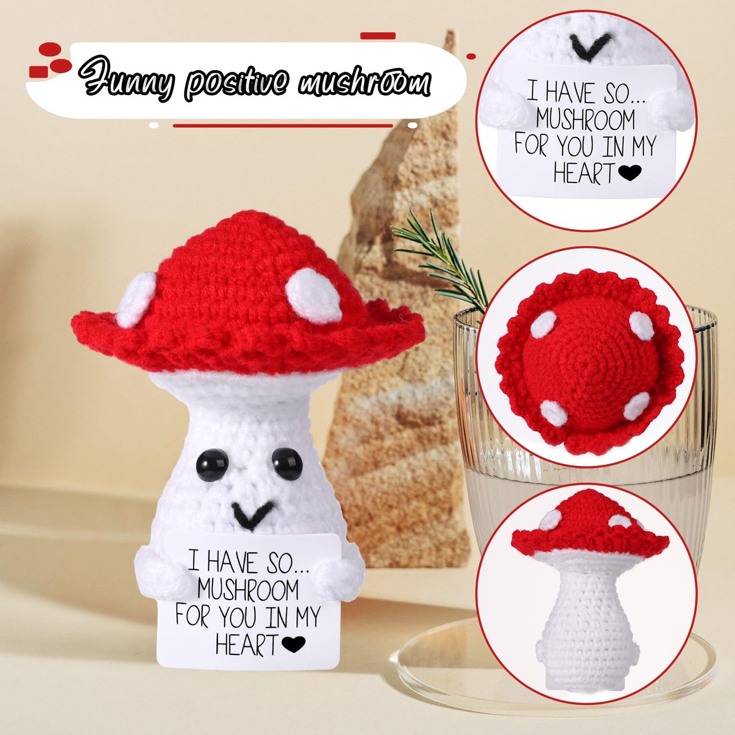 Funny Positive Mushroom, 3.93In Creative Cute Emotional Support Knitted Wool Potato Doll With Inspirational Card Mushroom Nuggets Crochet Lucky Gift For Plush Birthday Party Decoration Encouragement