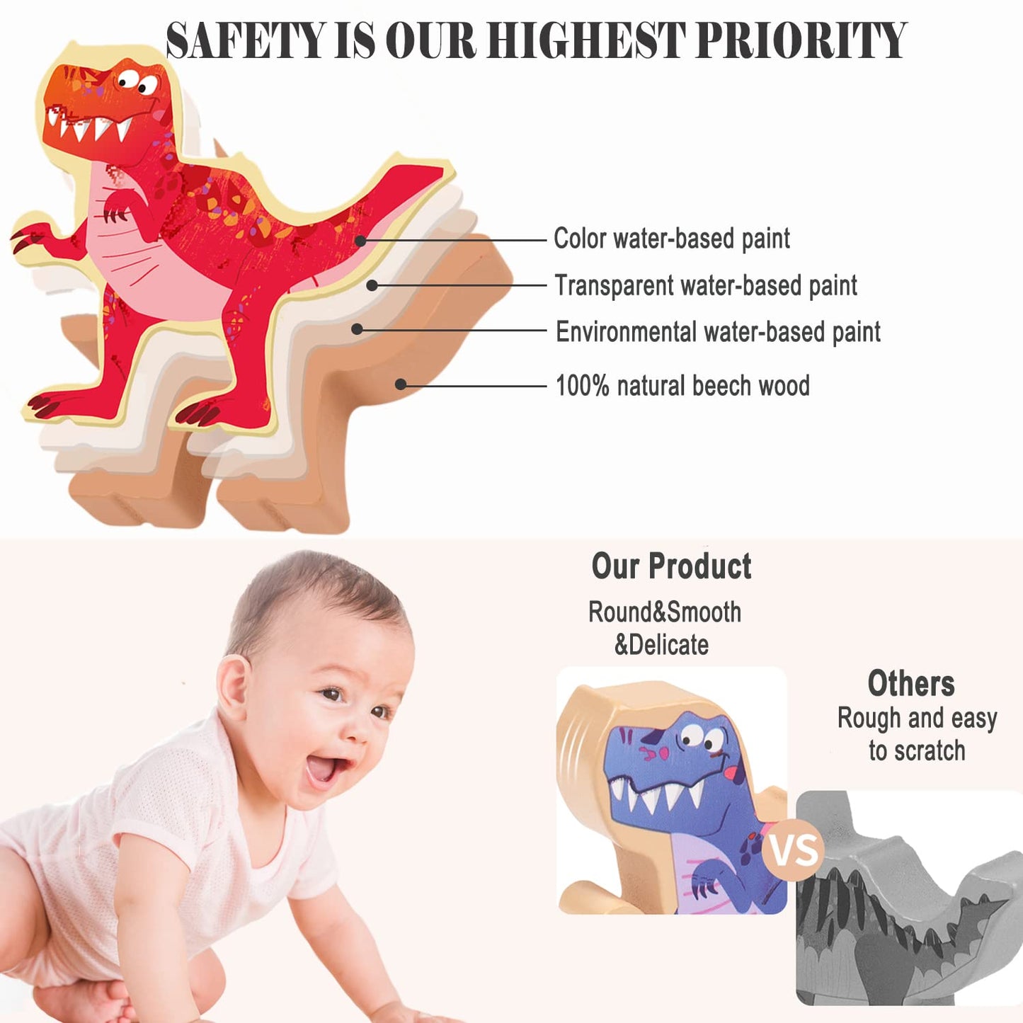 Aulege Wooden Stacking Dinosaur Toys, Dinosaur Building Blocks Set For Kids 4+ Years Old, Birthday Gift For Boys And Girls