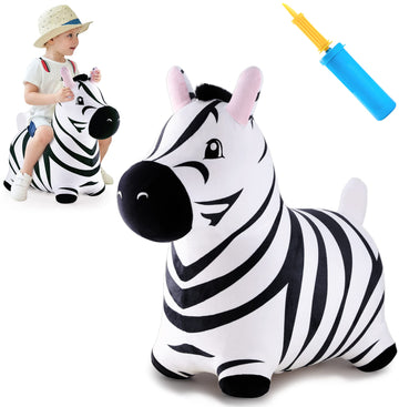 iPlay  iLearn Bouncy Pals Zebra Hopper Toy  Toddler Inflatable Plush Hopping Horse W/Pump  Outdoor n Indoor Ride on Bouncing Animal  Activity Riding Birthday Gift for 2 3 4 5 Year Old Kids Boys Girls