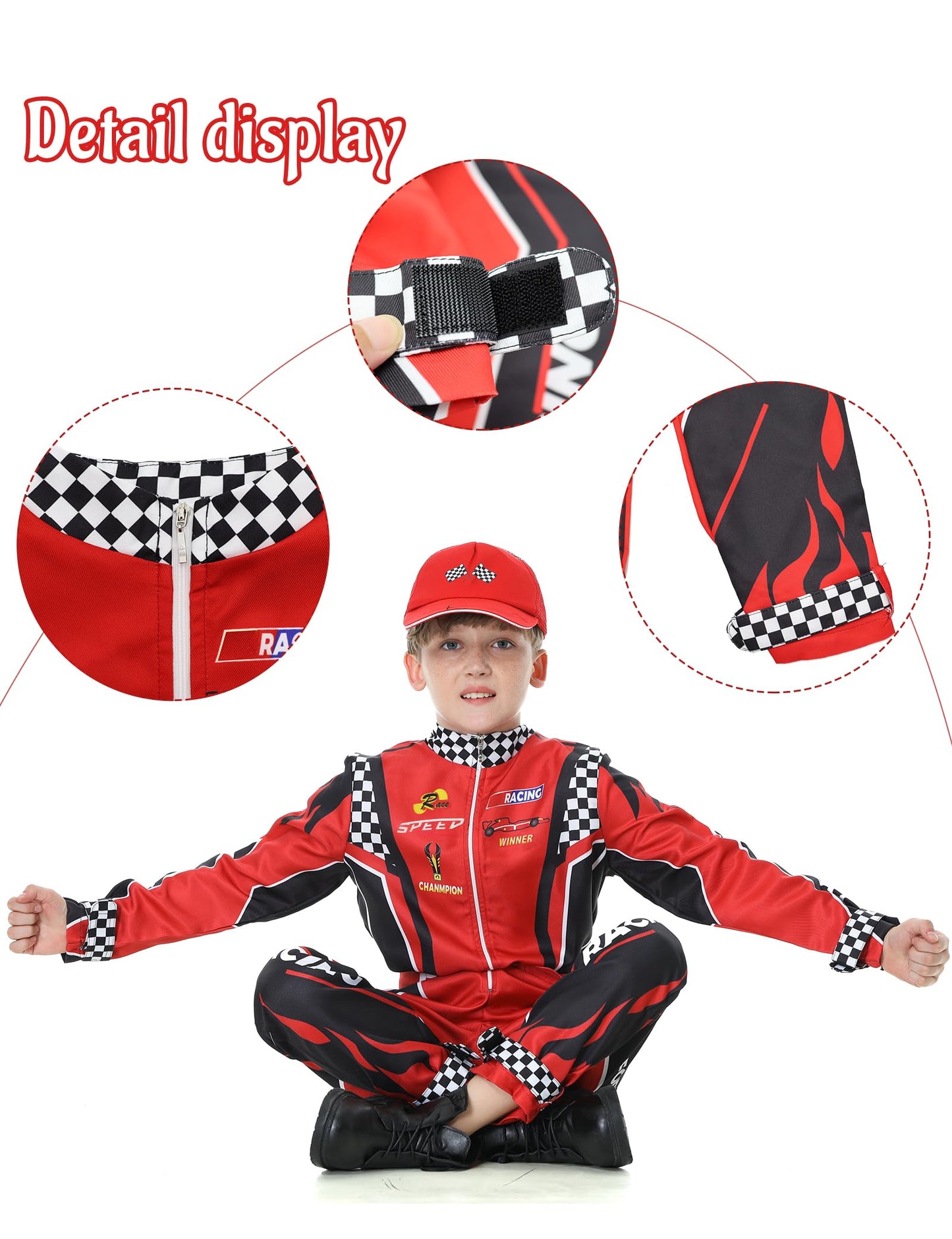 Treyrea Race Car Driver Costume Boys Racer Jumpsuit With Car Cap Kids Dress Up for Halloween (Red and Black  M(for height 50 -53 ))