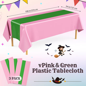 Oudain 3 Pcs Witch Princess Theme Party Pink & Green Party Tablecloth 54 x 108 Inch Plastic Rectangle Tablecloth Waterproof Tabl