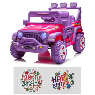 Modern-Depo 12V Kids Ride On Car Unicorn Truck With Diy Stickers, Manual/Remote Control Electric Car With Led Lights, 2 Motors, 2 Speeds, Openable Doors, Spring Suspension, Music Player, Purple / Pink