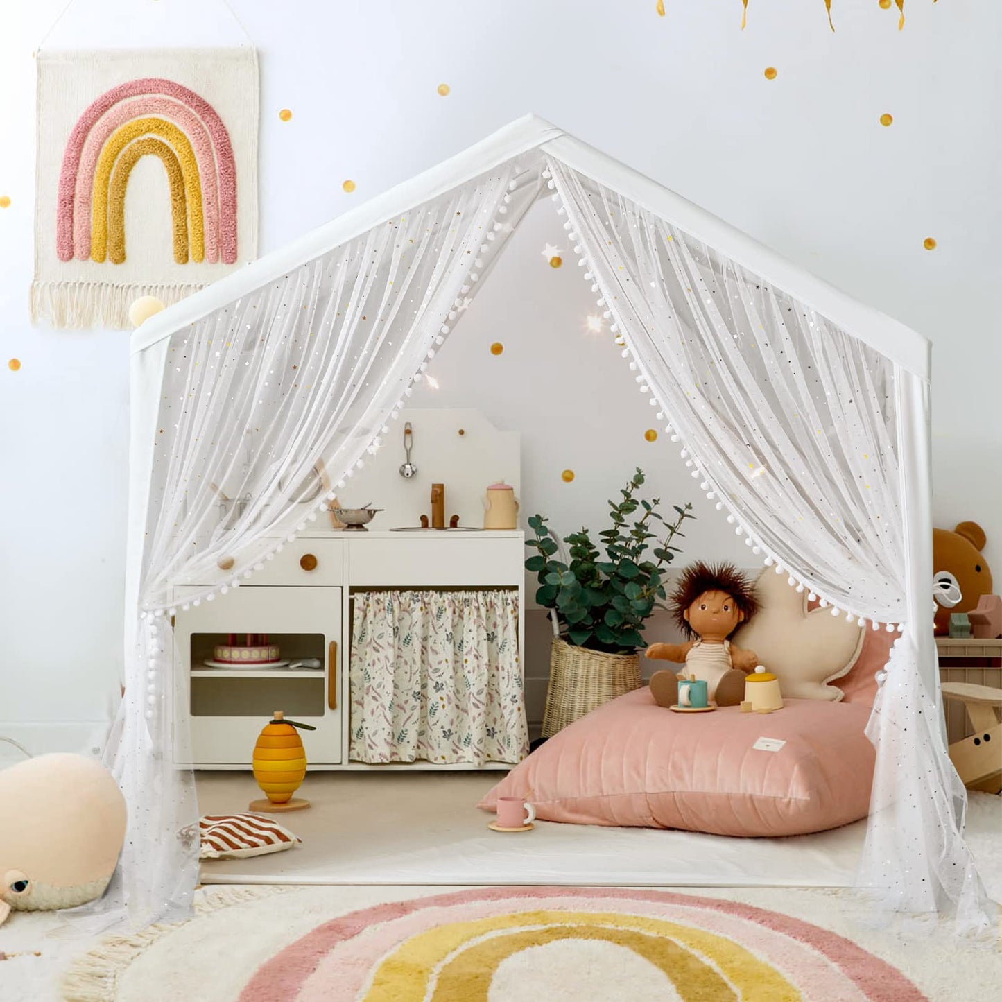 LOAOL Play Tent for Kids - Large Beige Cotton Castle Tent with Star Lights, Sequin Decor, Front & Rear Doors for Indoor/Outdoor Fun
