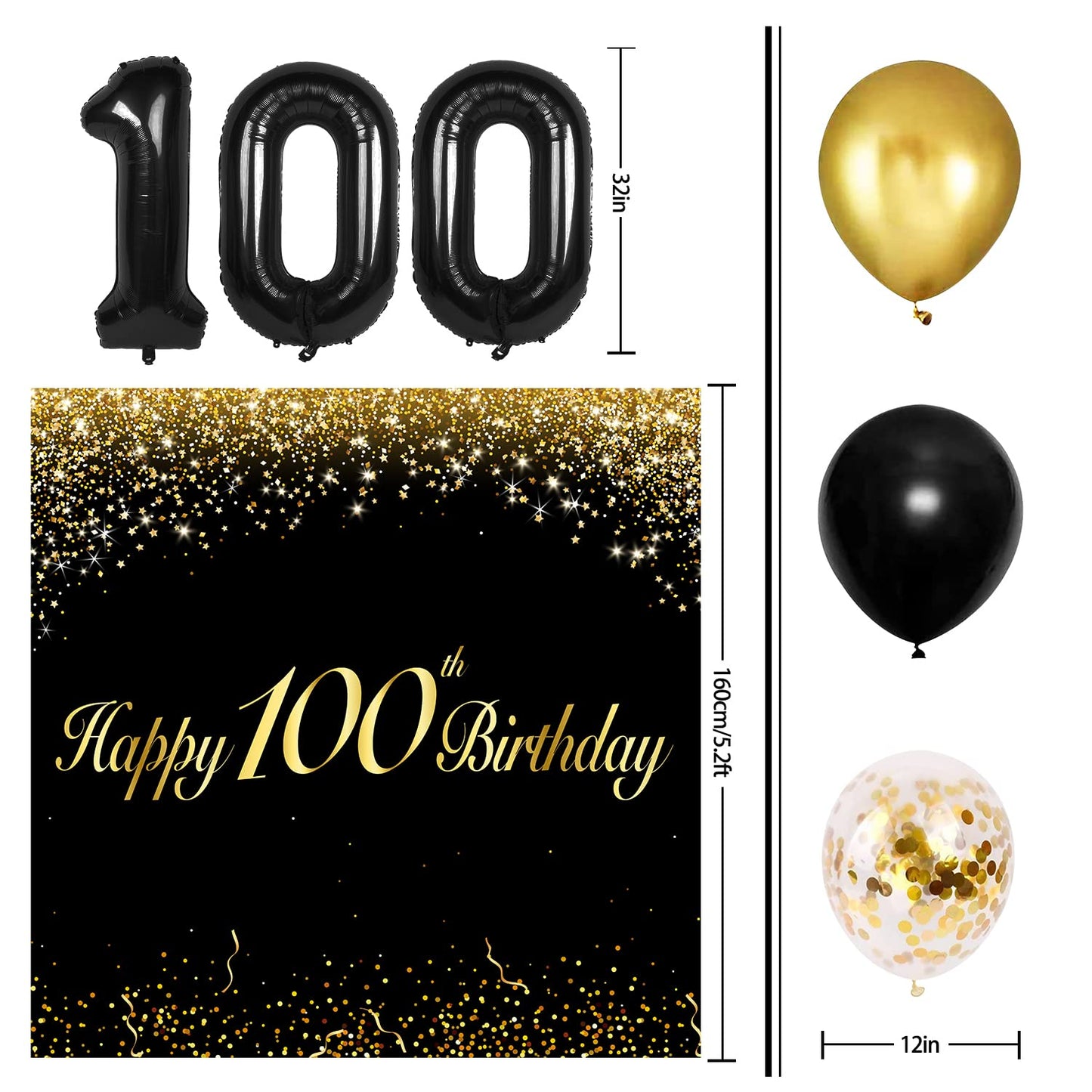 Happy 100Th Birthday Balloons Black Set Decor - Cheers To 100 Years Old Party Theme Garland Banner Backdrop Decorations For Wome