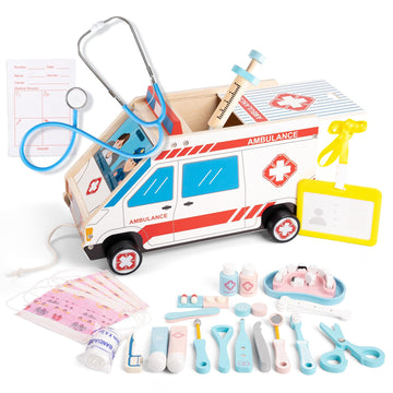Doctor Kit for Toddlers 3-5, 44 Pcs Wooden Kids Doctor Playset with Storage Car, Real Stethoscope and Other Accessories, for Tod