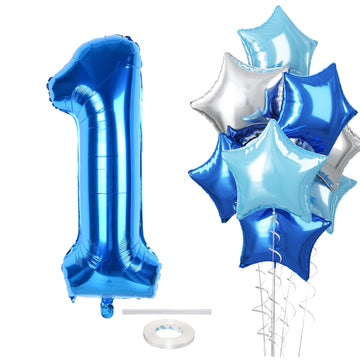 Dark Blue Number 1 Balloons, Big Royal Light Blue Silver Star One Balloon, 40 Inch Foil Mylar Pastel Teal Metallic Sky Blue Self