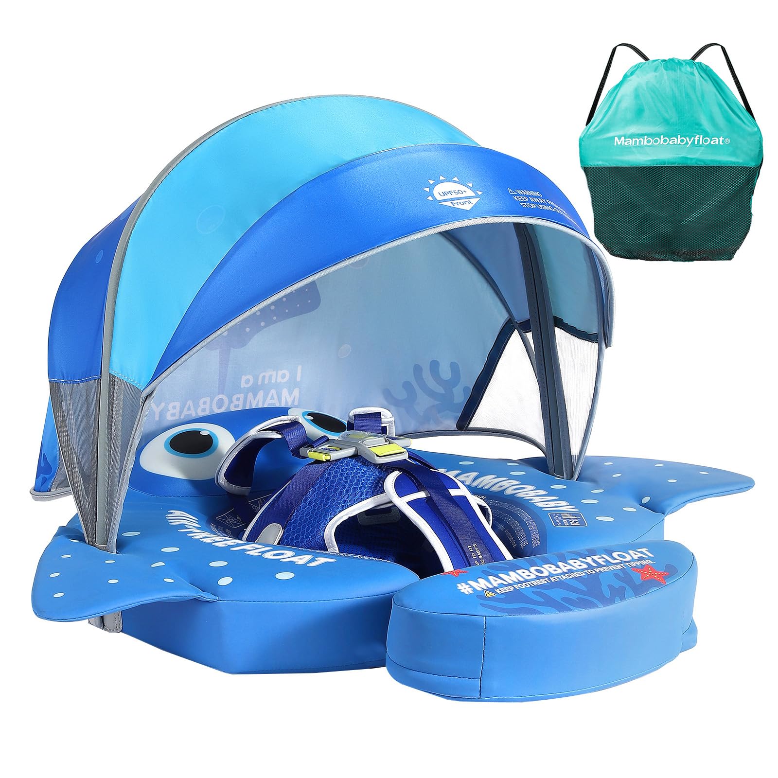 Mambobaby Float with Canopy & Portable Backpack Skin-friendly Baby Swim Float with Tail Waterproof Non-Inflatable Mambo Float Sm