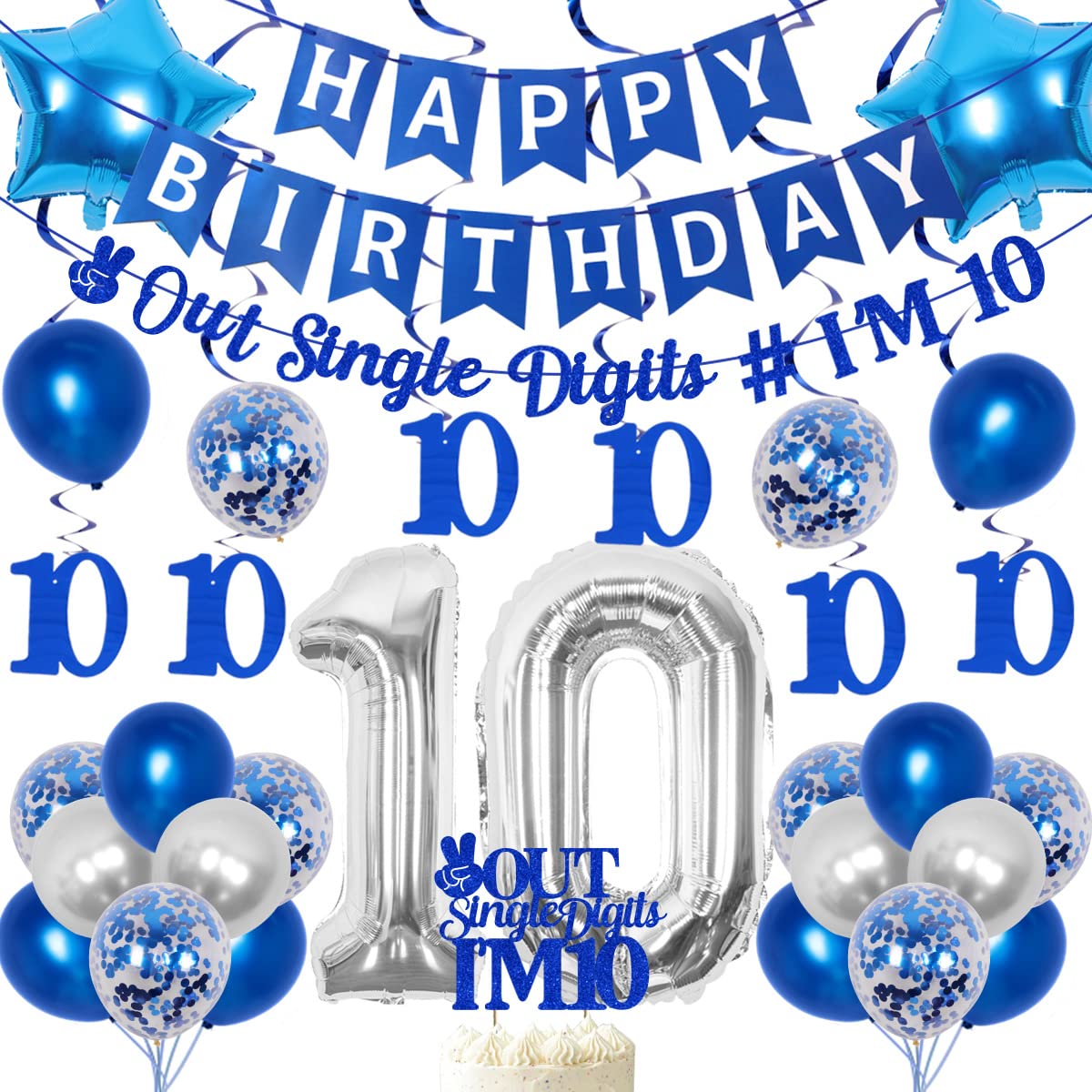 JOYMEMO 10th Birthday Decorations Blue - Peace Out Single Digits Tenth Birthday Party Supplies with Hanging Swirls & Paper Glitt