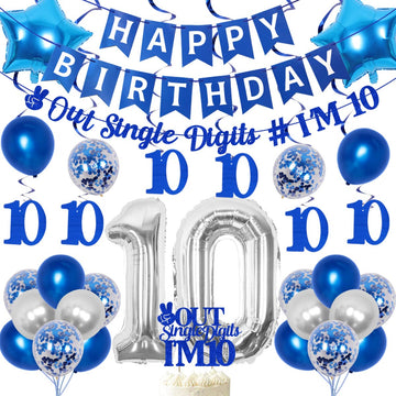 JOYMEMO 10th Birthday Decorations Blue - Peace Out Single Digits Tenth Birthday Party Supplies with Hanging Swirls & Paper Glitt
