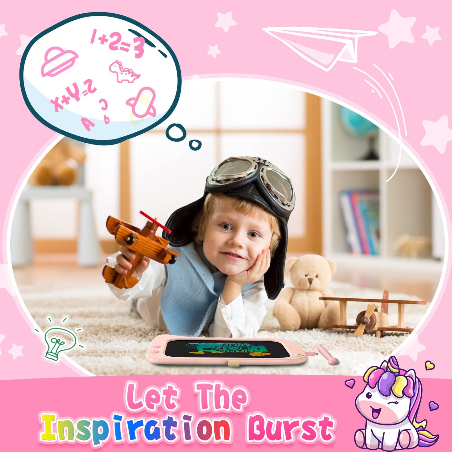 ORSEN 8.5" LCD Doodle Board Tablet - Pink Unicorn Drawing Pad for Kids 2-7 Years, Travel Toy, Medium Size, Model OS-A6-285C-PIN