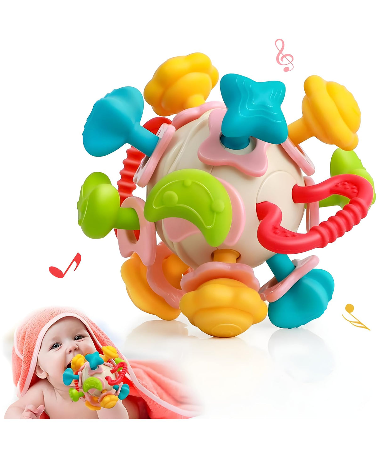 Jollyora Soft Silicone Baby Teether With Sensory Rattle, Easy Grip Chewable Teething Relief For Infants, Montessori Inspired Bab