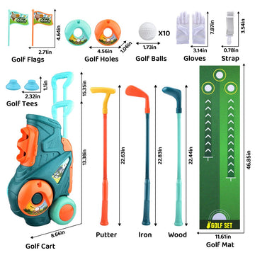 Toddler Golf Set with Putting Mat  Upgraded Kids Golf Cart with Shoulder Strap  Toddler Glove  Plastic Clubs  10 Balls  Indoor Outdoor Sports Toys Birthday Gift for Boys Girls Aged 3 4 5+ Years Old