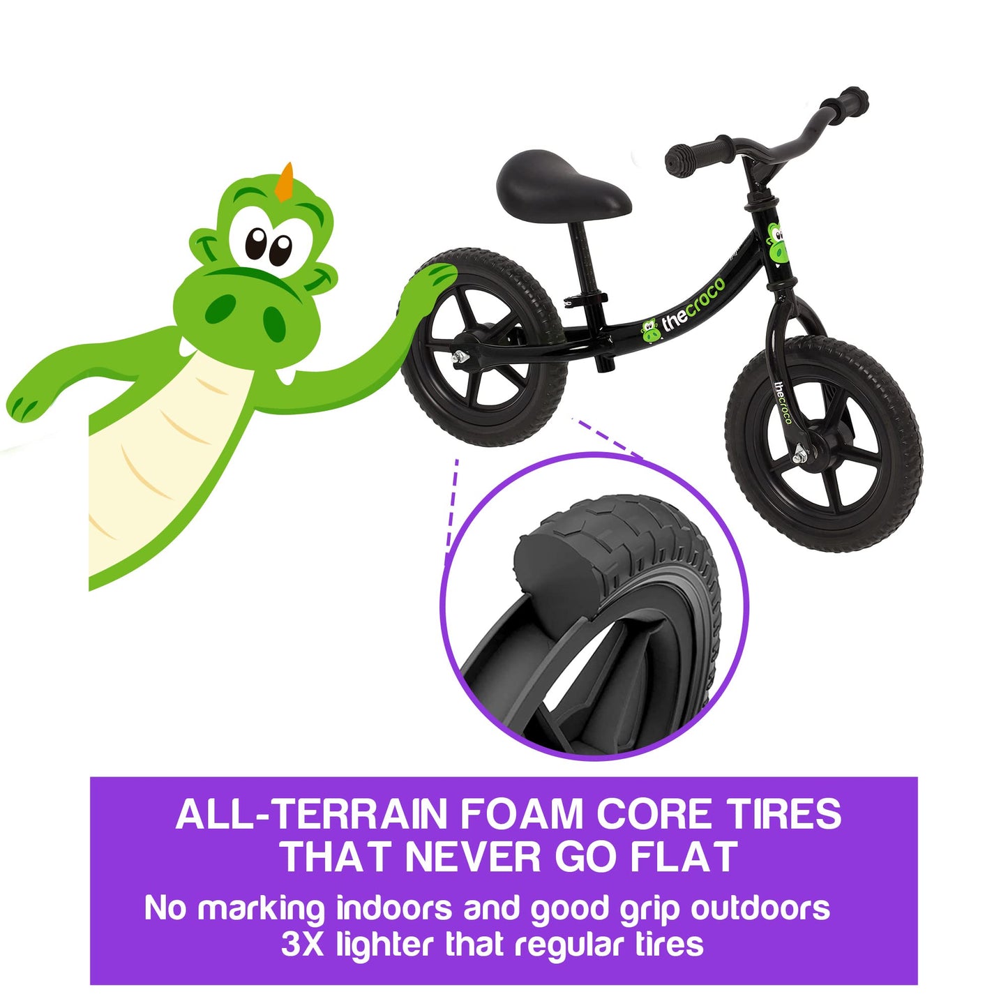 The Original Croco Ultra Lightweight And Sturdy Balance Bike.3 Models For 2, 3, 4, And 5-Year-Old Kids. Unbeatable Features. Toddler Training Bike, No Pedal (Very Black, Sturdy 12 Inch)