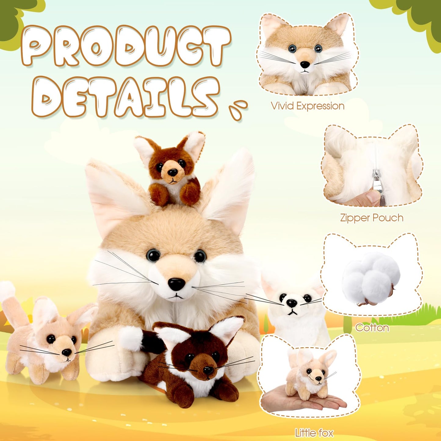 HyDren 5 Pcs Woodland Animals Plush Toy Set - 13.4 Inch Beige Fennec Fox with 4 Cute Baby Foxes - Soft PP Cotton, Perfect for Gifts