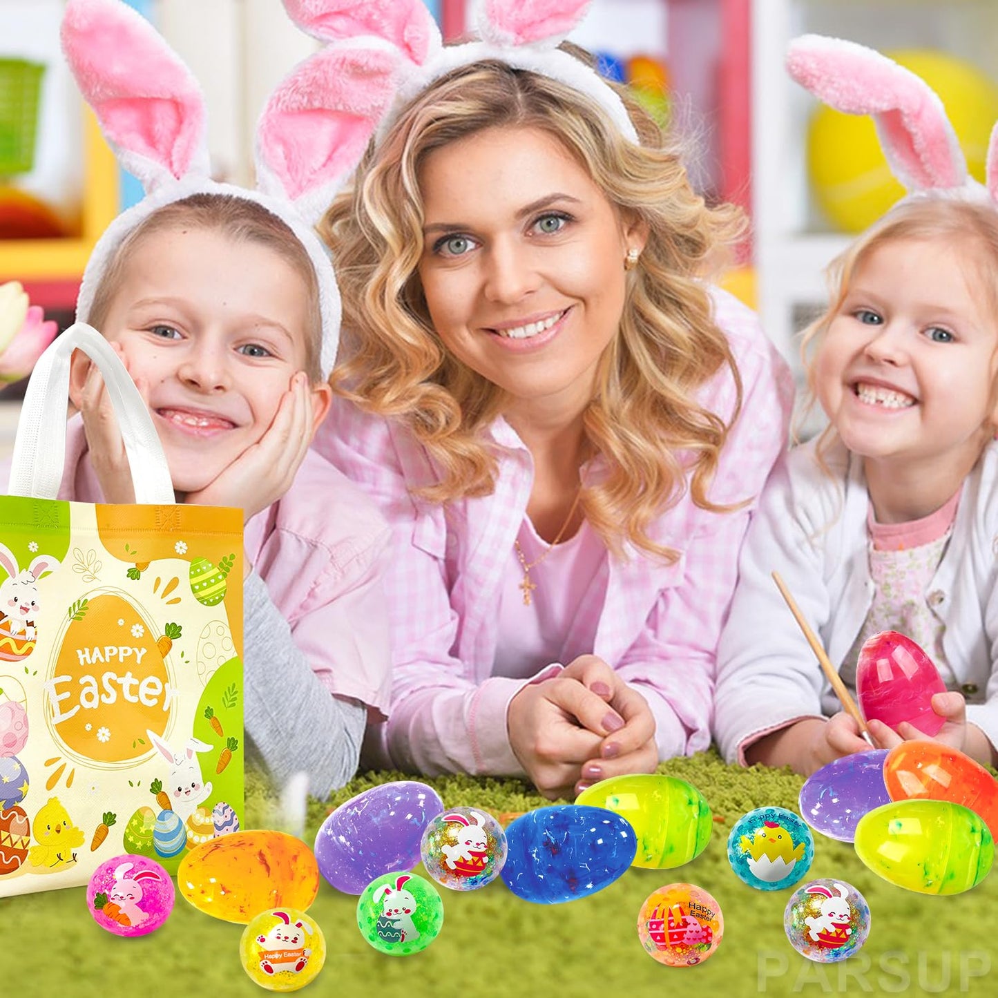 12Pcs Easter Marble Eggs With Fidget Stress Balls, 1Pc Non Woven Bags For Easter Theme Party Favors, Supplies For Easter Egg Hun