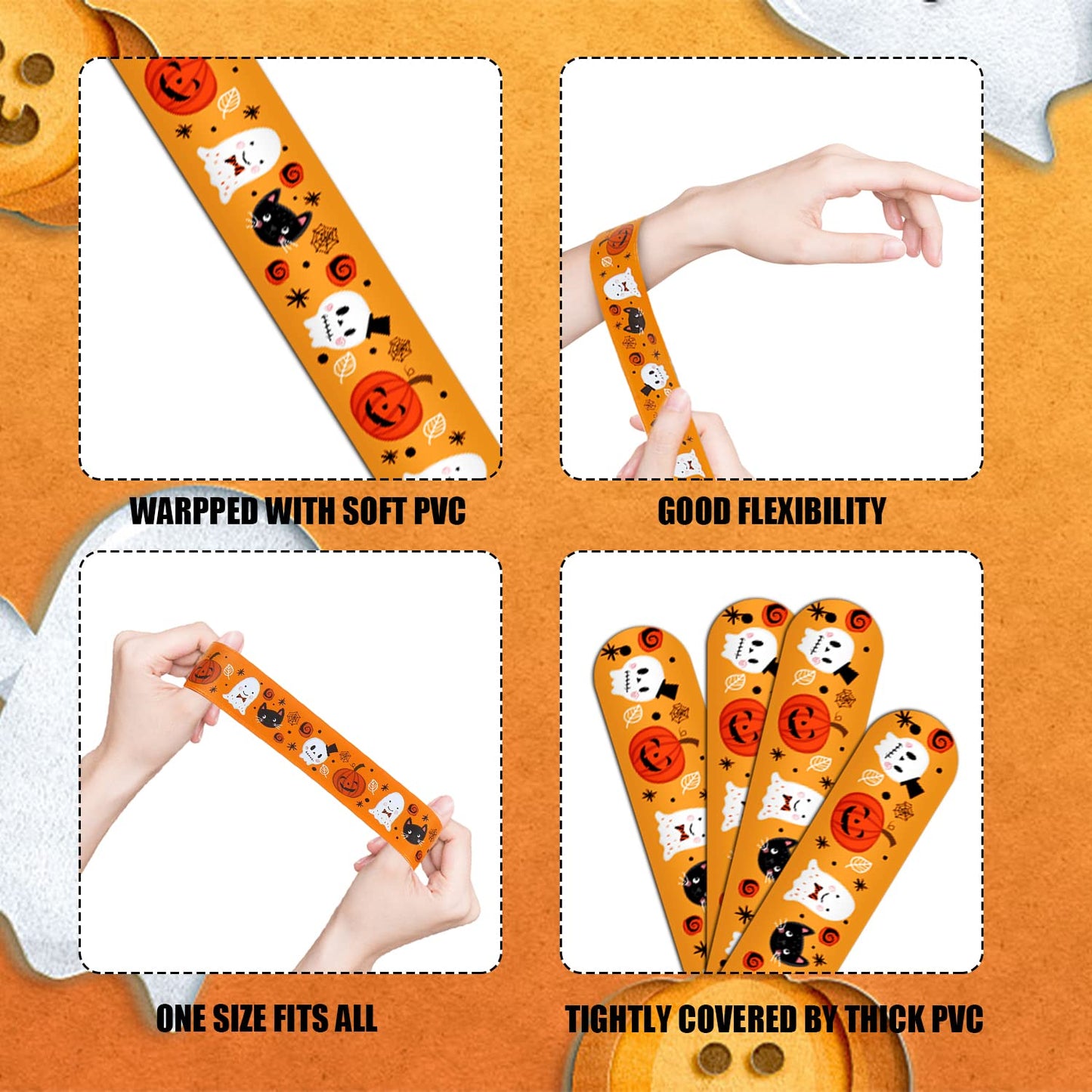 KIMOBER 48PCS Halloween Slap Bracelets,Assorted Snap Wristbands with Pumpkin Witches Ghost Skeleton for Kids Party Favors