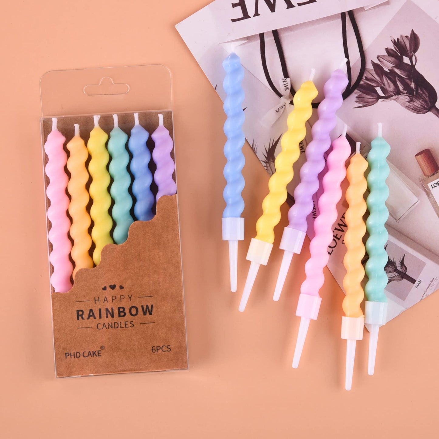 PHD CAKE Rainbow Spiral Birthday Candles - 36-Count, Wax Material, Includes Holders, Party Cake Decor