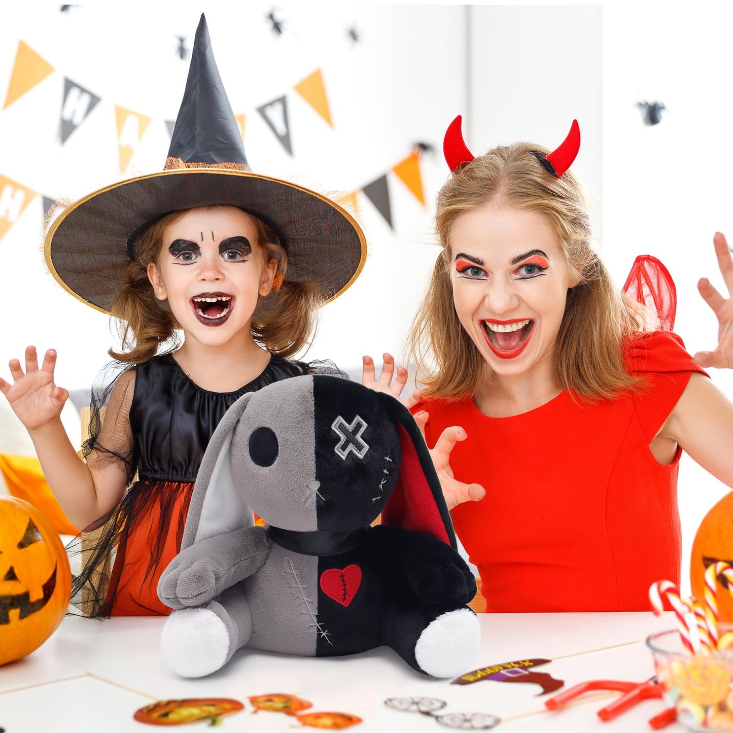 Qleewei Goth Bunny Plush Rabbit Stuffed Animal Horror Plushies Easter Creepy Spooky Bunny Stuffed Animal Crazy Rabbit Plushie To