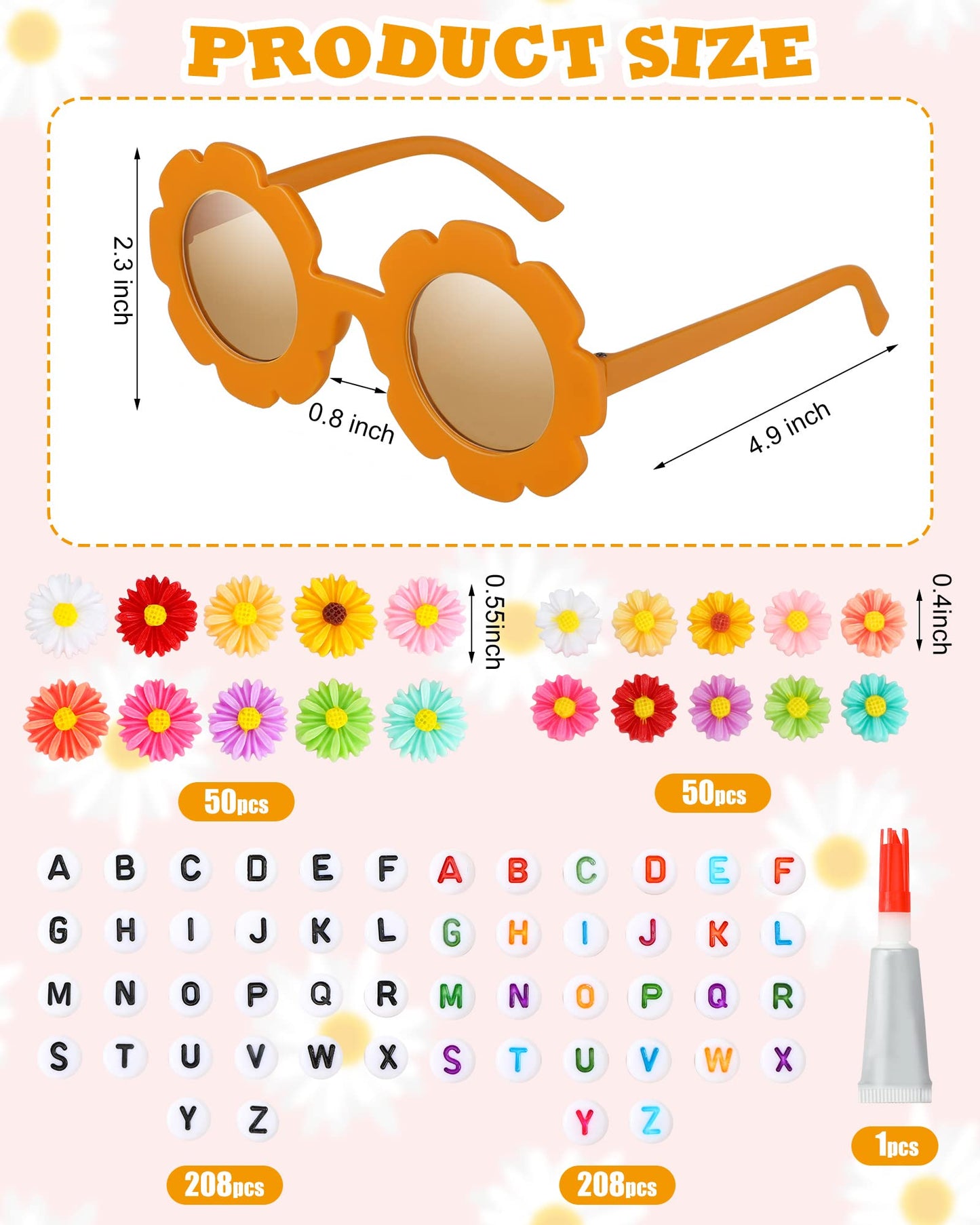 Cindeer 24 Pairs Flower Sunglasses Kids DIY Round Boho Flower Sunglasses Set Includes 100 Pcs Daisy Charm 416 Letter Beads and G